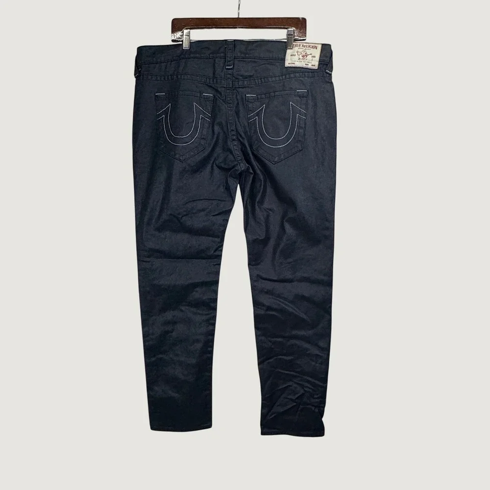 True Religion Rocco Relaxed Skinny Jeans 38X30 Dark Blue Wax Coated Streetwear‎